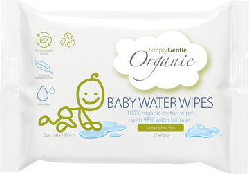 Simply Gentle Organic - Baby Water Wipes, 100% Organic Cotton With 99% Water Formula - Soft & Hypoallergenic, Suitable For Newborn - Chemical Free, Dermatological Tested - 52 (Pack Of 3)