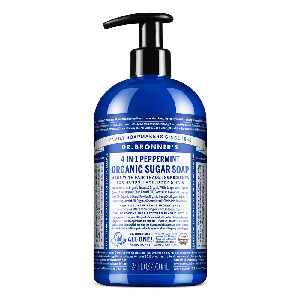 Dr. Bronner's - Organic Sugar Soap (Peppermint, 24 Ounce) - Made with Organic Oils, Sugar & Shikakai Powder, 4-in-1 Uses: Hands, Body, Face & Hair, Cleanses, Moisturizes & Nourishes, Vegan