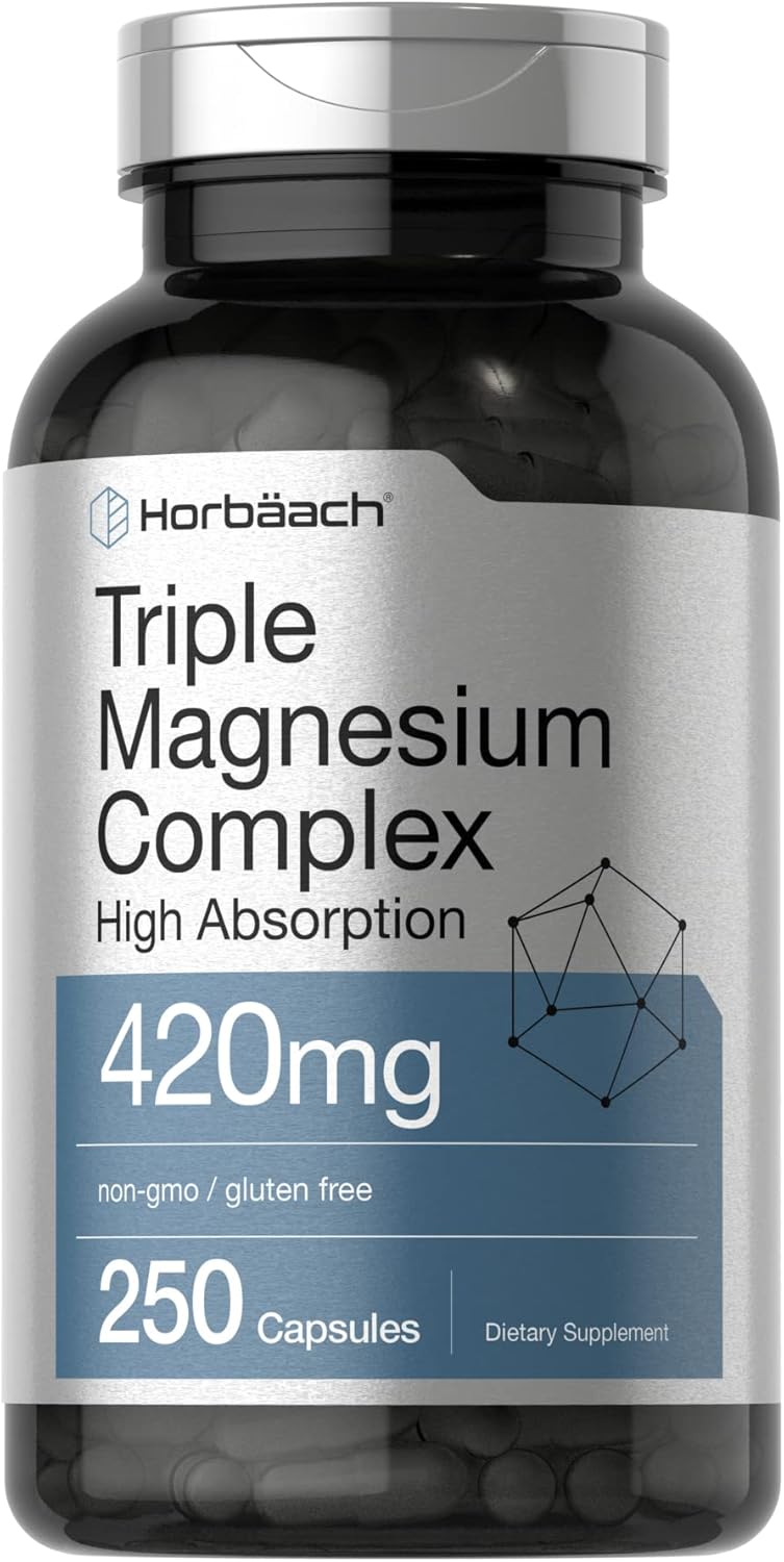 Horbäach Triple Magnesium Complex | 420 mg | 250 Capsules | Non-GMO and Gluten Free Formula | Magnesium Oxide, Citrate, and Aspartate Dietary Supplement