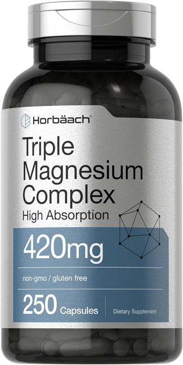 Horbäach Triple Magnesium Complex | 420 Mg | 250 Capsules | Non-Gmo And Gluten Free Formula | Magnesium Oxide, Citrate, And Aspartate Dietary Supplement