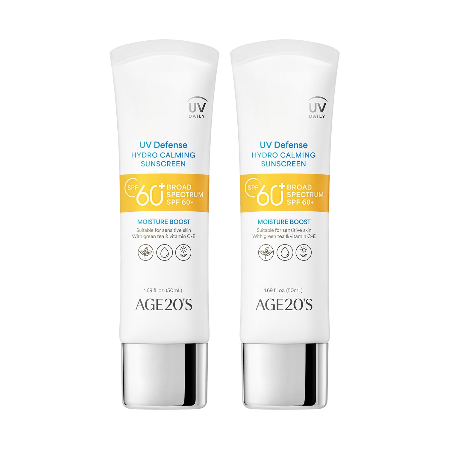 Age20'S Uv Defense Hydro Calming Sunscreen Spf 60+ | Korean Sunscreen | Moisturizing Creamy Formula, No White Cast, Lightweight Finish | Green Tea + Aloe Vera | Dermatest Excellent | 1.69 Fl.Oz*2