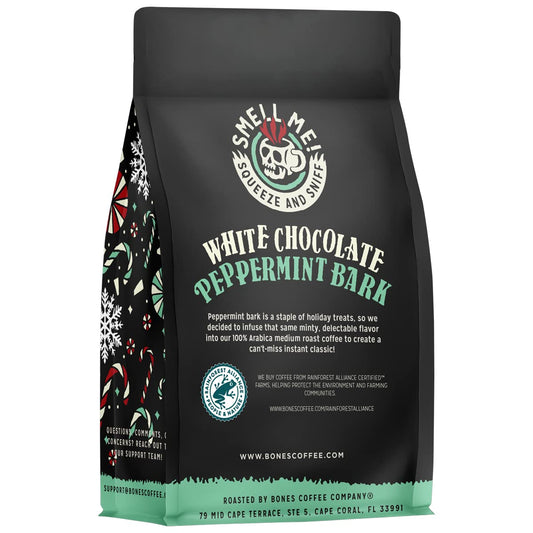 Bones Coffee Company White Chocolate Peppermint Bark Ground Coffee Beans | 12 oz Flavored Coffee Gifts | Low Acid Medium Roast Coffee Beverages (Ground)