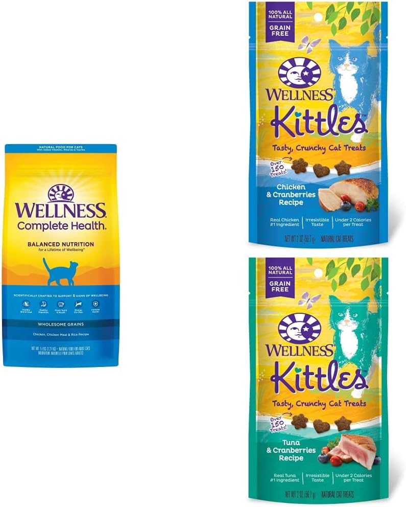 Wellness Complete Health Natural Dry Cat Food, Chicken & Chicken Meal Recipe, 5 Pound Bag Bundle + 2 Pack of Wellness Kittles Natural Grain Free Cat Treats (Chicken & Tuna) : Pet Supplies