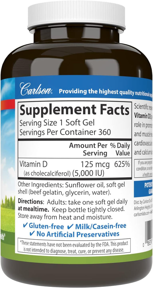 Carlson Vitamin D3 5,000 IU, Bone Health, 360 Soft Gels