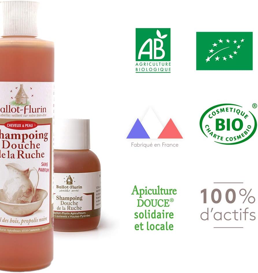 Ballot-Flurin - Shampoo Shower from the Ruche - Sulfate, Paraben & Silicone Free - Black & White Propolis - Certified 100% Organic - Made in France