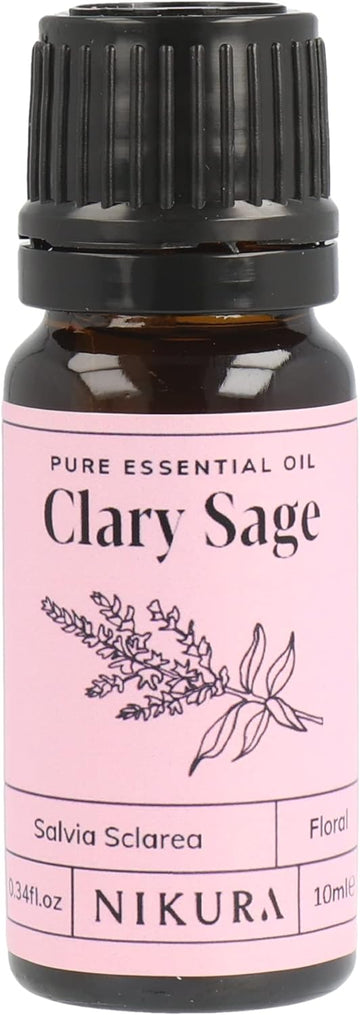 Nikura Clary Sage Essential Oil - 10ml | 100% Pure Natural Oils | Perfect for Aromatherapy, Diffusers, Humidifier, Bath | Great for Self Care, Stress Relief, Calming | Vegan & UK Made