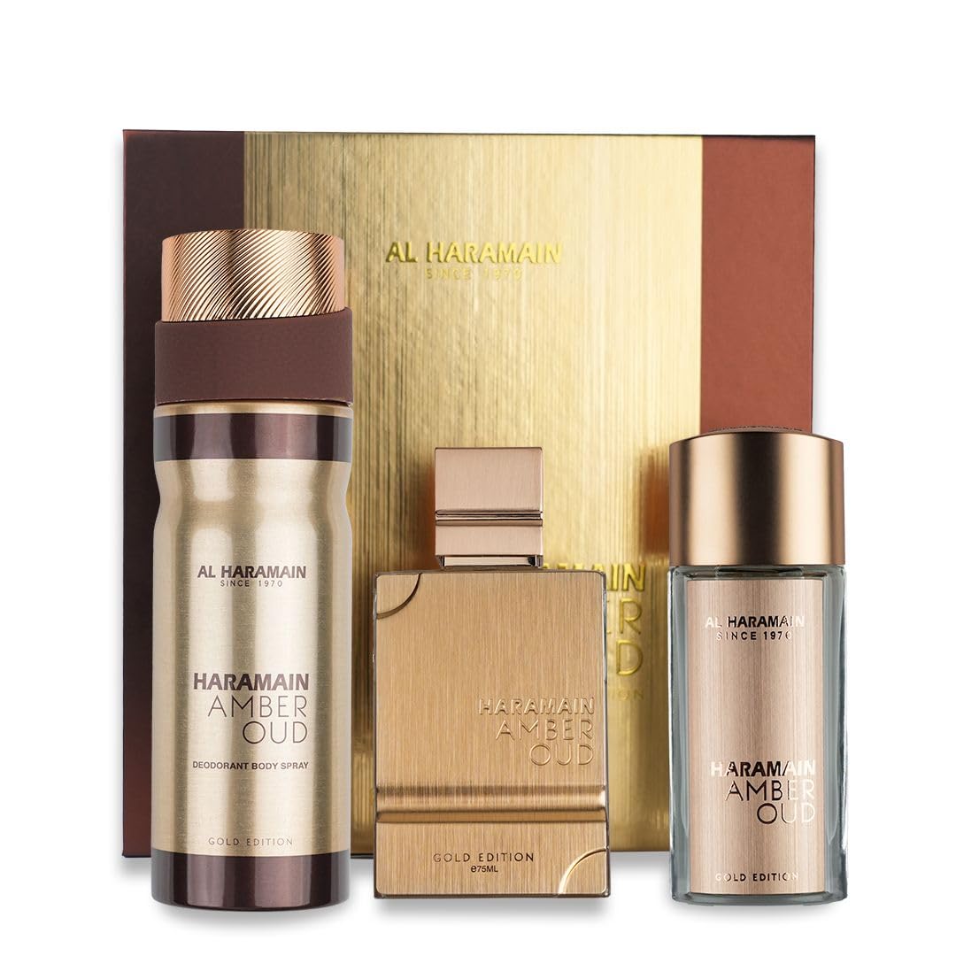 Al Haramain Amber Oud Gold Edition 3 Pc Gift Set For Unisex - Luxury Cologne & Perfume For Men & Women - 2.5 Oz Edp Spray, 1 Oz Edp Spray, 6.6 Oz Body Spray - Arabian & Arabic Long Lasting Fragrance