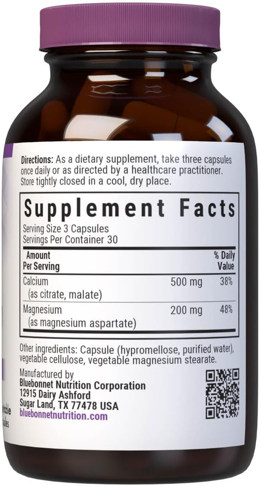 Bluebonnet Nutrition Calcium & Magnesium, Bone Health*, Non-Gmo, Vegan, Kosher Certified, Gluten-Free, Soy-Free, 90 Vegetable Capsules, 30 Servings