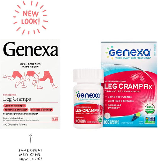 Genexa Leg Cramps Relief | Foot Cramp Defense, Joint Pain & Stiffness, Soreness & Swelling | Soothing Organic Grape Flavor | Vegan & Non-Gmo | Homeopathic Remedy Made Clean | 100 Chewable Tablets