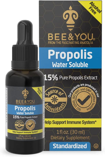 Bee And You 100% Natural Pure Propolis Extract – Water Soluble, Bee Propolis,High Potency, Ultra Pure Immune Support Supplement, Antioxidants, Detox, Gluten-Free, 1 Fl Oz