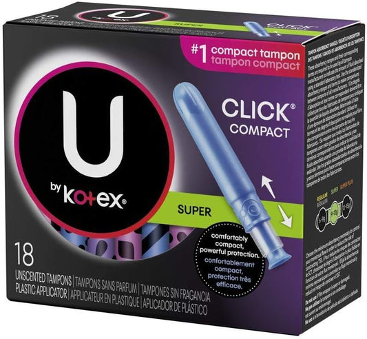 U by Kotex Click Super Compact Tampons Compact Plastic Applicator, Unscented, 18 Count