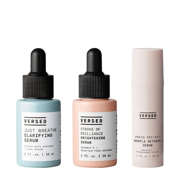 Versed Triple Threat Set - Stroke Of Brilliance Facial Serum (1 fl oz), Press Restart Gentle Retinol Face Serum (1 fl oz) and Just Breathe Clarifying Facial Serum (1 fl oz) - Non-Toxic + Vegan