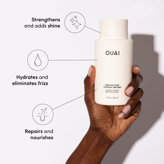 OUAI Medium Conditioner - Hydrating Hair Conditioner with Coconut Oil, Babassu Oil, and Keratin - Strengthens, Repairs and Adds Shine - Paraben and Phthalate Free Hair Care Products - 10 oz