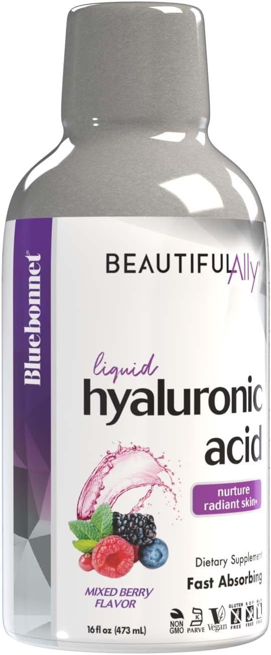 Bluebonnet Nutrition Beautiful Ally Liquid Hyaluronic Acid, Nurture Radiant Skin*, Non-Gmo, Vegan, Kosher Certified, Gluten-Free, Soy-Free, Dairy-Free, Mixed Berry Flavor, 16 Fl Oz, 32 Servings