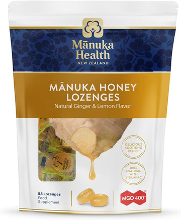 Manuka Health Manuka Honey Lozenges – 58 Lemon And Ginger Flavored Lozenges – Natural Throat Lozenges Infused With Raw Manuka Honey And Vitamin C For Immune Support