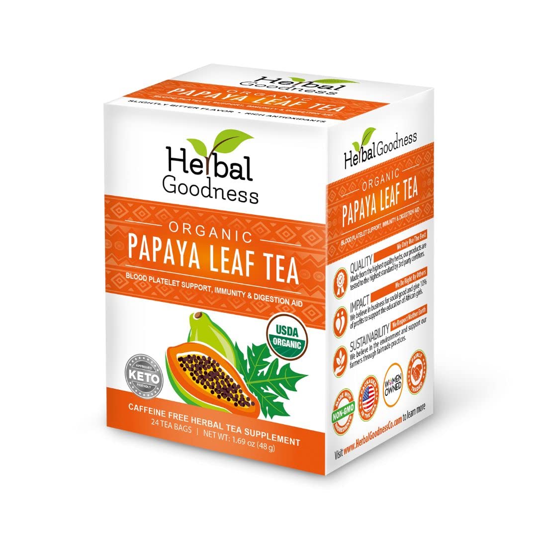 Papaya Leaf Tea - Natural Blood Platelet Health, Immune Gut & Digestive Enzymes - 100% USDA Organic, Non-GMO Project Verified, Gluten-Free, Kosher - Made in the USA by Herbal Papaya - 24/2g Tea Bags