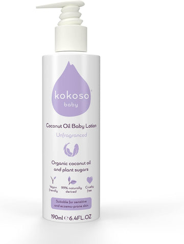 Kokoso Baby - Coconut Oil Baby Lotion, Natural Coconut Oil Fragrance - With Sweet Almond Oil - Moisturises & Nourishes - Suitable For Dry, Sensitive & Eczema Prone Skin - 190Ml