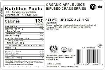 Yupik Dried Cranberries, Organic Apple Juice Infused, 2.2 lb, Non-GMO, Vegan, Gluten-Free, Pack of 1