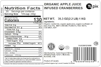 Yupik Organic Cranberries, Apple Juice Infused, 2.2 Lb, Non-Gmo, Gluten-Free, Vegan, Kosher, Dried Fruits, No Added Sugar, Plump & Chewy, Source Of Fiber, Healthy Snacks, Ideal For Baking & Topping