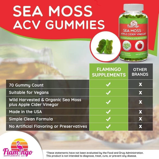 Sea Moss Gummies With Apple Cider Vinegar, Bladderwrack, And Burdock Root Organic- Sea Moss Gummies For Adults And Kids- Vegan, Organic, Irish Seamoss And Acv – 70 Ct