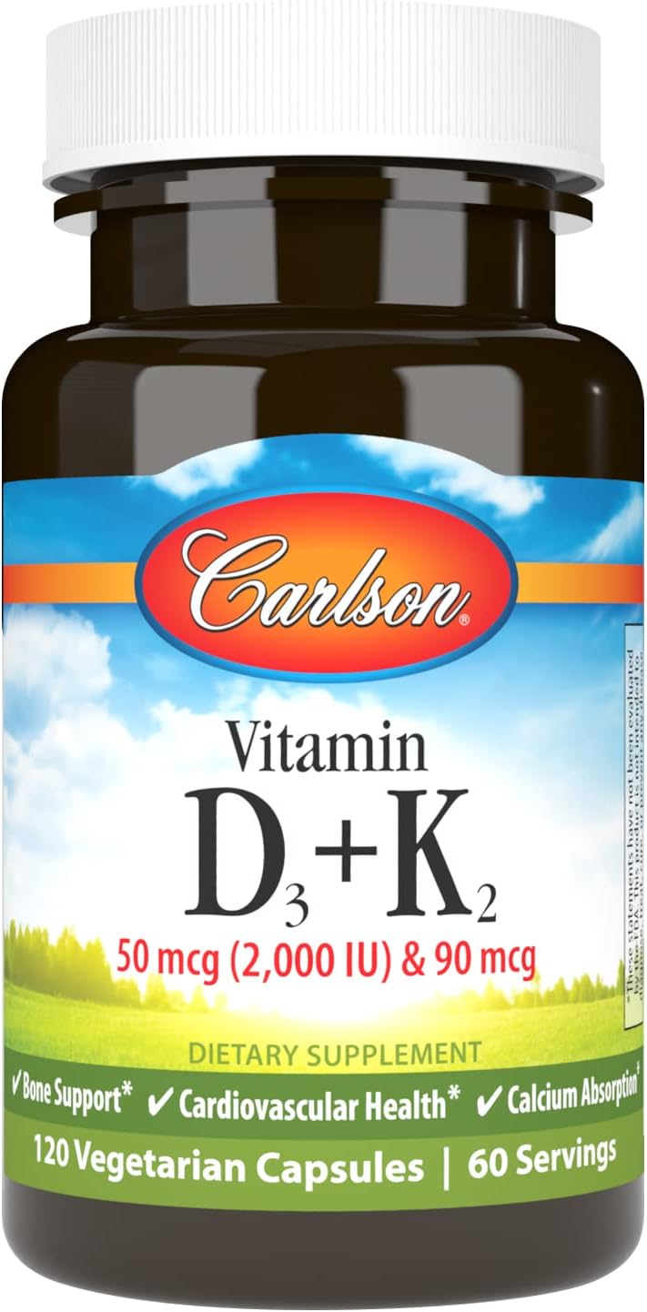 Carlson - Vitamin D3 + K2, 50 mcg (2000 IU) Vitamin D3 & 90 mcg Vitamin K2 as MK7, Bone Support, Calcium Absorption, 120 Capsules