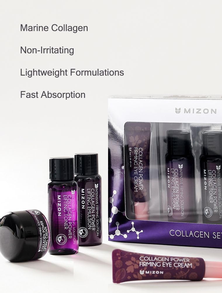 Mizon Marine Collagen Mini Set Travel Skincare Set (Toner+Emulsion+Eye Cream+Face Cream) Elasticity Booster Youth Recovery : Beauty & Personal Care