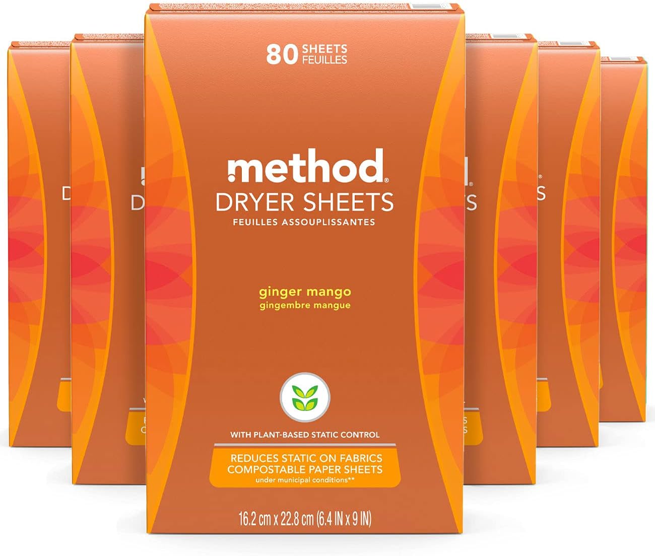 Method Dryer Sheets, Ginger Mango, Fabric Softener And Static Reducer, Compostable And Plant-Based Laundry Essentials, 80 Count (Pack Of 6)