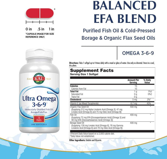 KAL Ultra Omega 3-6-9 1200mg | Fish Oil w/Cold Pressed Flaxseed & Bora