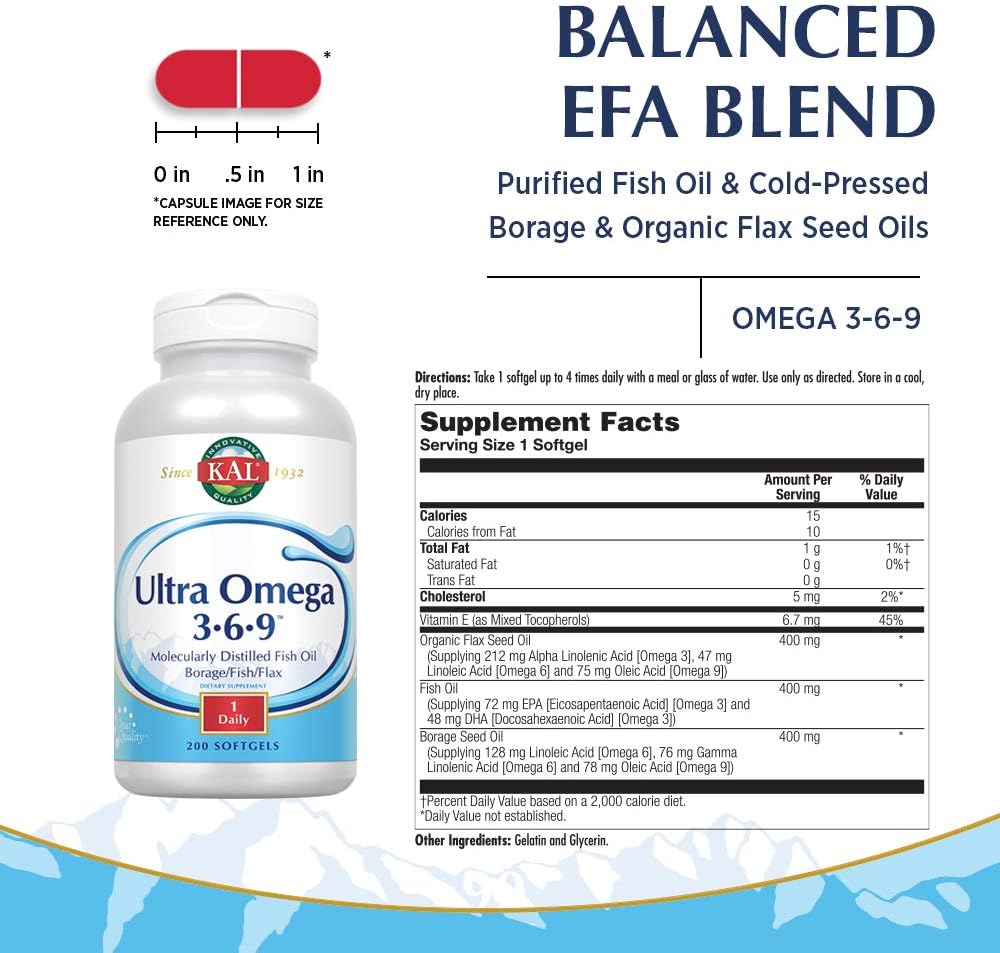 KAL Ultra Omega 3-6-9 1200mg | Fish Oil w/Cold Pressed axseed & Borage Oil | Skin, Hair, Heart, Memory | 200 Softgels