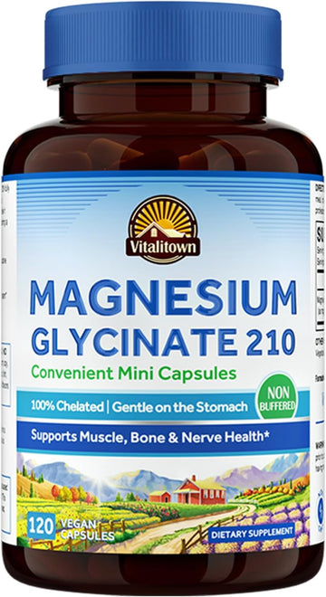 Vitalitown Magnesium Glycinate, Non Buffered, 210Mg Elemental Magnesium, Maximum Absorption, Bone & Muscle, Restful Sleep, 120 Vegan Capsules, Non-Gmo