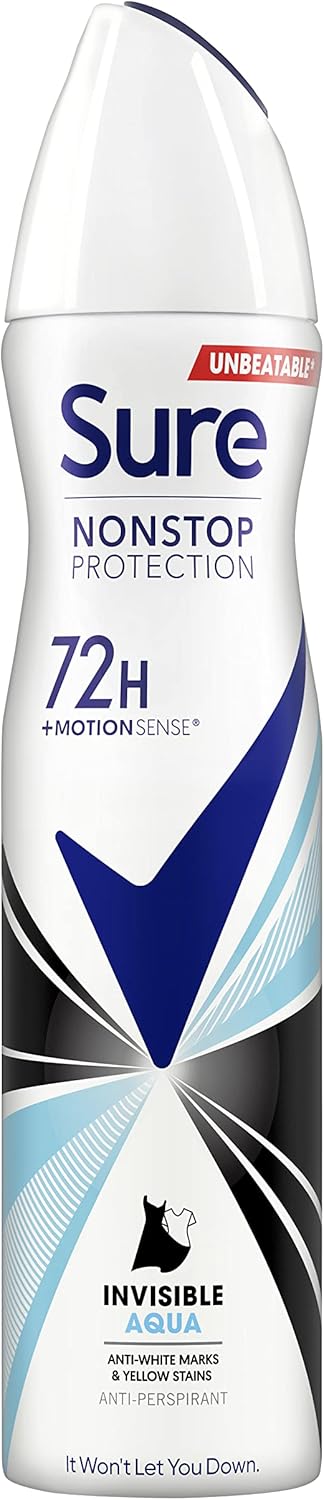 Sure Nonstop Protection Invisible Aqua Anti-Perspirant Aerosol Women'S Deodorant Spray With Body Heat Activated Technology And White Mark Protection For 72 Hour Odour And Sweat Protection 6X 250 Ml