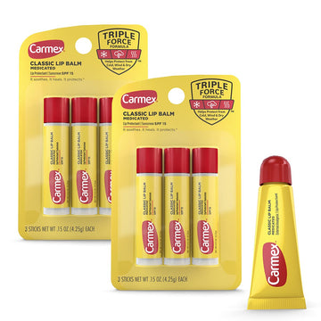 Carmex Medicated Lip Balm Sticks, Lip Moisturizer For Dry, Chapped Lips, 0.15Oz, 3 Count (2 Packs) Plus 1 Count Carmex Lip Balm Tube, 0.35Oz