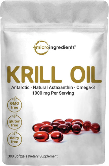 Micro Ingredients Antarctic Krill Oil Supplement, 1000mg Per Serving, 300 Soft-Gels, Rich in Omega-3s EPA, DHA & Natural Astaxanthin, Supports Immune System & Brain Health, Easy to Swallow