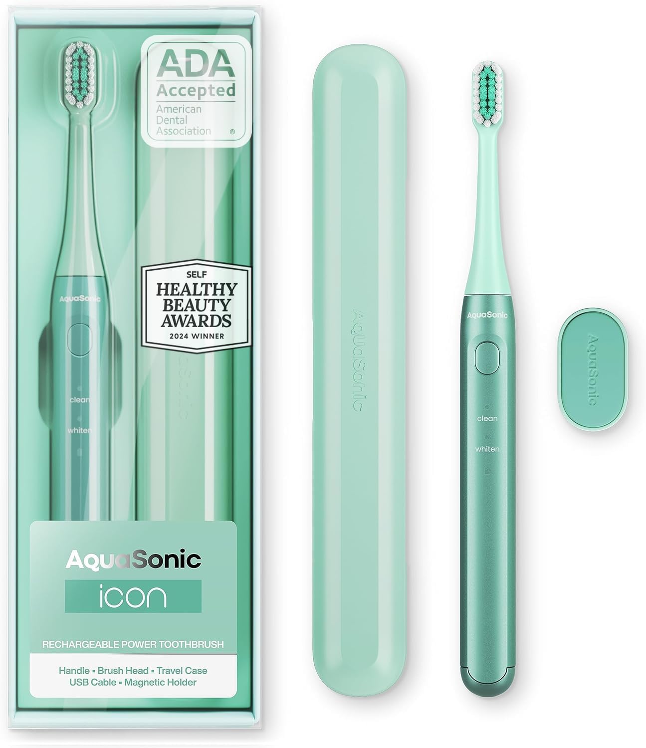 Aquasonic Icon Ada-Accepted Rechargeable Toothbrush | Magnetic Holder & Slim Travel Case | 2 Brushing Modes & Smart Timers | Gentle Micro-Vibrations (Blush)