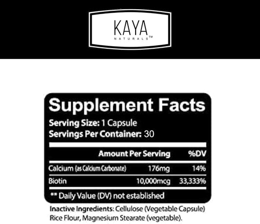 Kaya Naturals Biotin 10,000Mcg Hair Growth Vitamins - Strong Nails, Healthy Skin Supplement For Women And Men - Healthier Hair & Skin - 30 Count