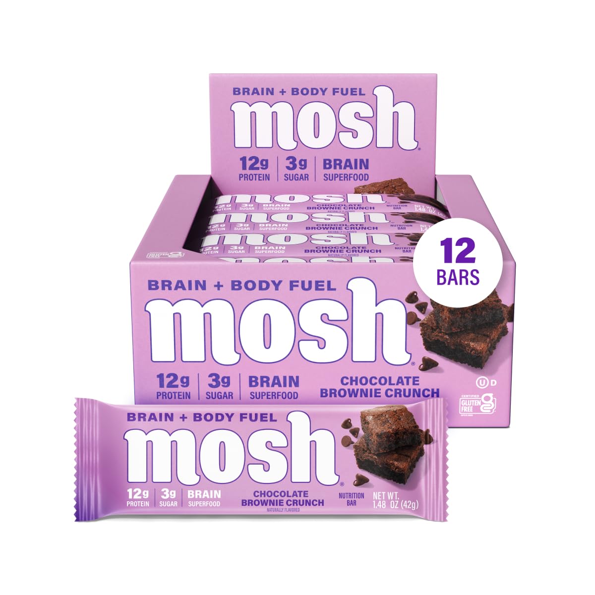 Mosh Chocolate Brownie Keto Protein Bars, High Protein, Gluten Free, Brain Healthy Snack With Ashwagandha And Lions Mane, 12 Count