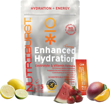 Nutriburst - Energy Electrolytes + 11 Vitamins & Minerals • Energy • Natural Caffeine • Performance - Suitable For Vegans - 15 Pack: Mango, Lemon & Lime, Strawberry & Watermelon - Enhanced Hydration