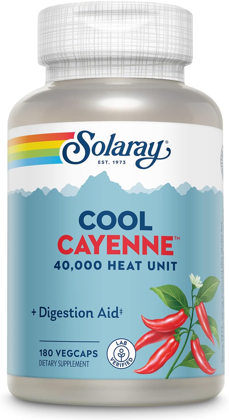 Solaray Cool Cool Cayenne 40,000 Hu, Healthy Digestion, Circulation, & Cardiovascular Support 180 Vegcaps