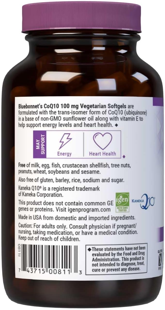 Bluebonnet Nutrition Coq10 100 Mg, Energy Production*, Heart Health*, Non-Gmo, Gluten-Free, Soy-Free, Vegetarian Friendly, 120 Vegetarian Softgels, 120 Servings
