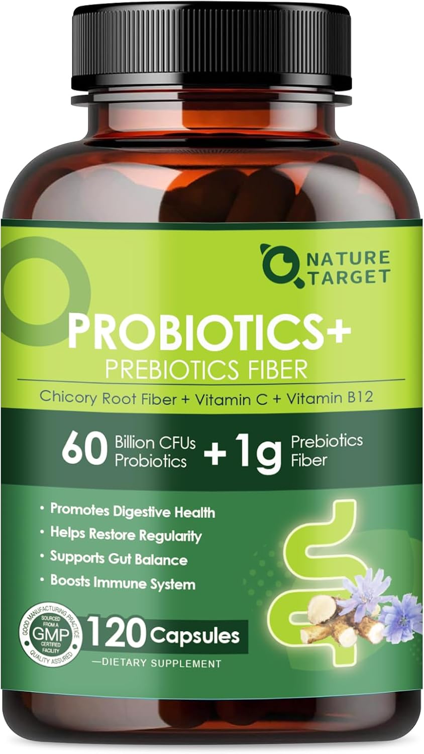 Probiotics For Women Digestive Health With Prebiotic Fiber - Fiber Supplement With 60 Billion Probiotic For Regularity & Gut Cleanse - Supports Occasional Constipation - 120 Veggie Capsules