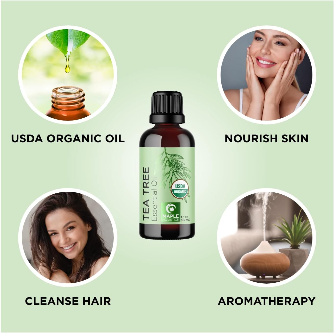 Organic Tea Tree Oil for Hair Skin & Nails - 100% Pure Certified Organic Tea Tree Essential Oil for Skin and Dry Flaky Scalp Care Plus Nail Treatments DIY Beauty and Natural Cleaning 1 Fl Oz