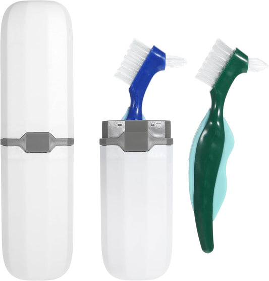 2 Pcs Denture Brush Multi-Layered Hard Bristles Toothbrush Portable Dental Cleaning Tools Double Sided Retainer Brushes With Case For Travel Camping Outdoor Gym Dental Care
