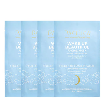 Pacifica Beauty Wake Up Beautiful Face Mask, Granactive Retinoid, Skincare, Facial Sheet Mask, Mushrooms, Melatonin, Fine Lines, Wrinkles, Anti Aging, Face Care, All Skin Types, Vegan (4 Sheets)