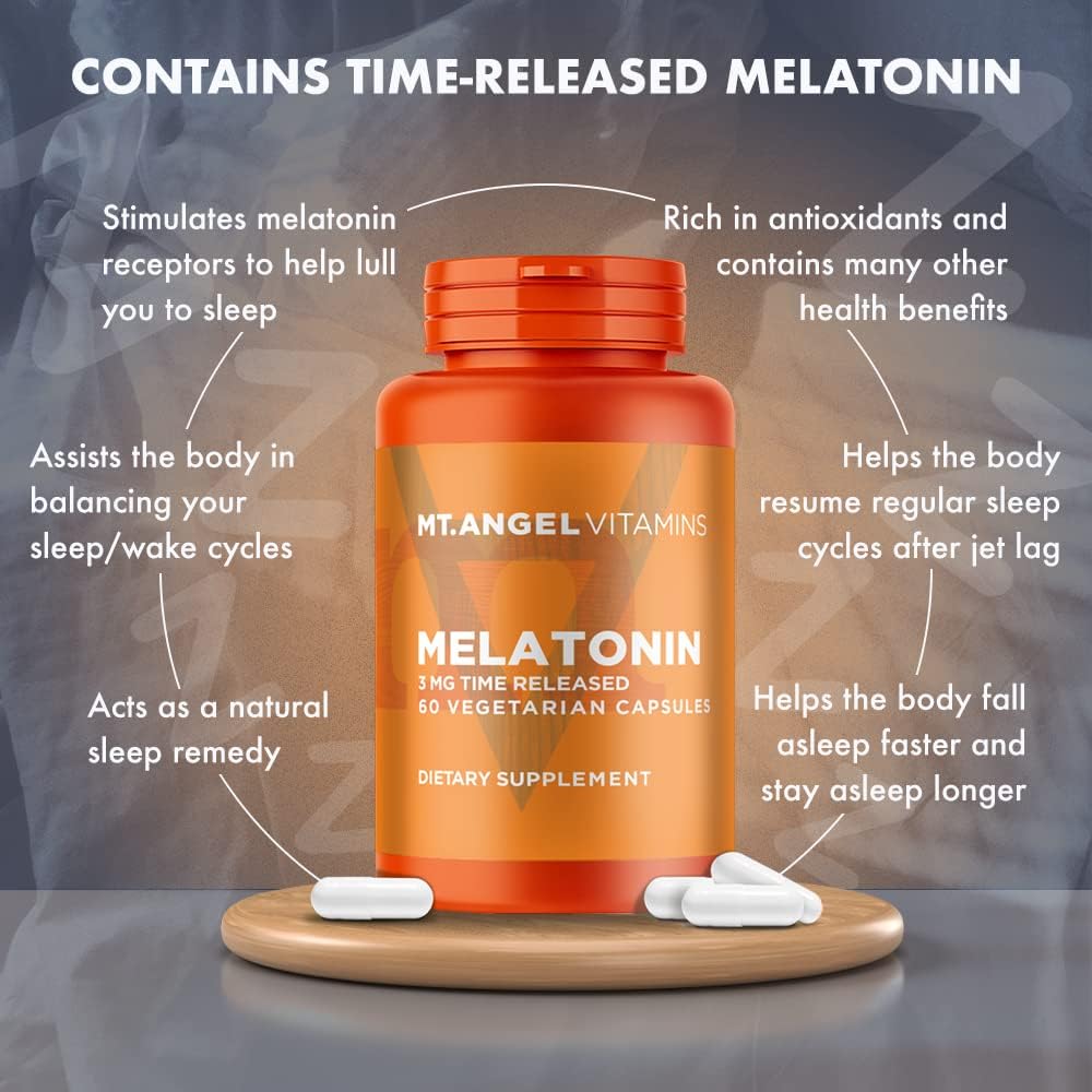 Mt. Angel Vitamins - Melatonin, 3MG Time Released (60 Vegetarian Capsules) : Health & Household