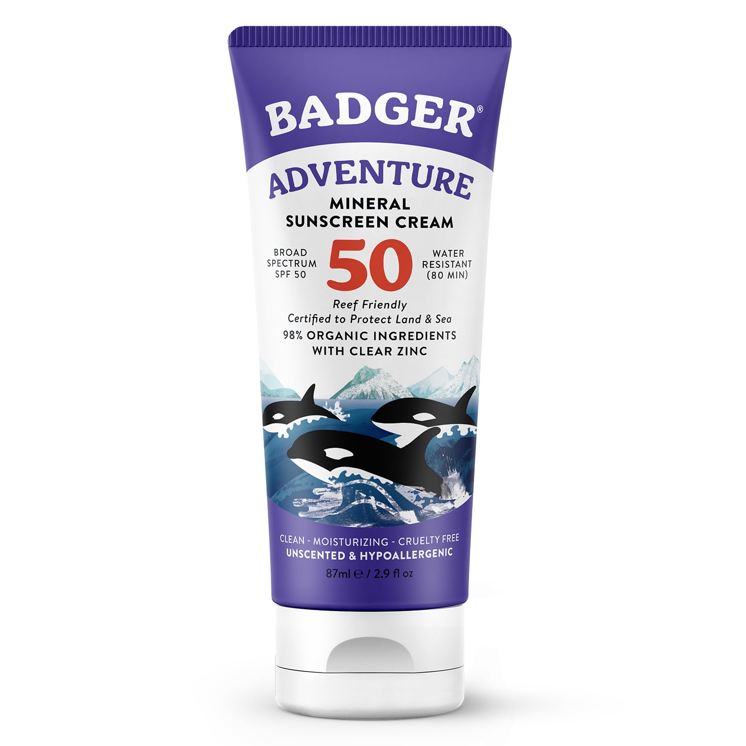 Badger Mineral Sunscreen Spf 50 Zinc Oxide Sunscreen With 98% Organic Ingredients, Reef-Safe, Broad-Spectrum, Hypoallergenic, Water Resistant, Unscented Adventure Sport Sunscreen 2.9 Fl Oz