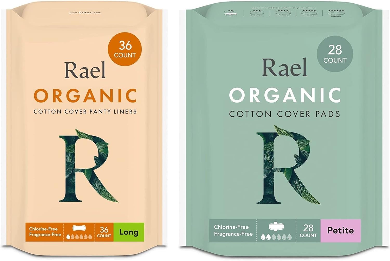 Rael Period Bundle - Organic Cotton Cover Liner (Long, 36 Count) & Pads (Petite, 28 Count)
