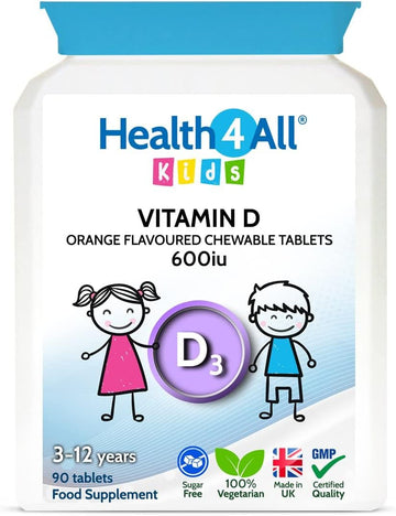 Kids Vitamin D3 600Iu Chewable 90 Tablets (V). Sugar Free. Natural Orange Flavour. Made By Health4All Uk