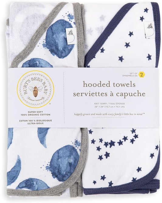 Burts Bees Baby Infant Hooded Towels Hello Moon! Organic Cotton, Unisex Bath Essentials And Newborn Necessities, Soft Nursery Towel With Hood Set, 2-Pack Size 29 X 29 Inch