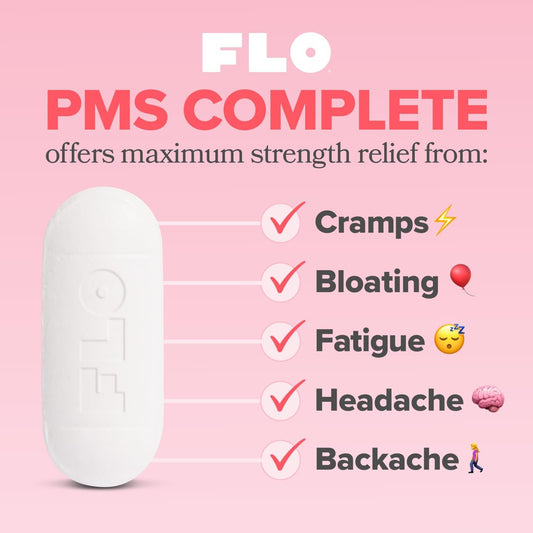 FLO PMS Complete Tablets, Menstrual Pain Relief for Women, 24 Count (3 Pack) - Multi-Symptom Pain Reliever with Acetaminophen, Caffeine, & Pyrilamine Maleate for Cramps, Headaches, Backaches, Bloating