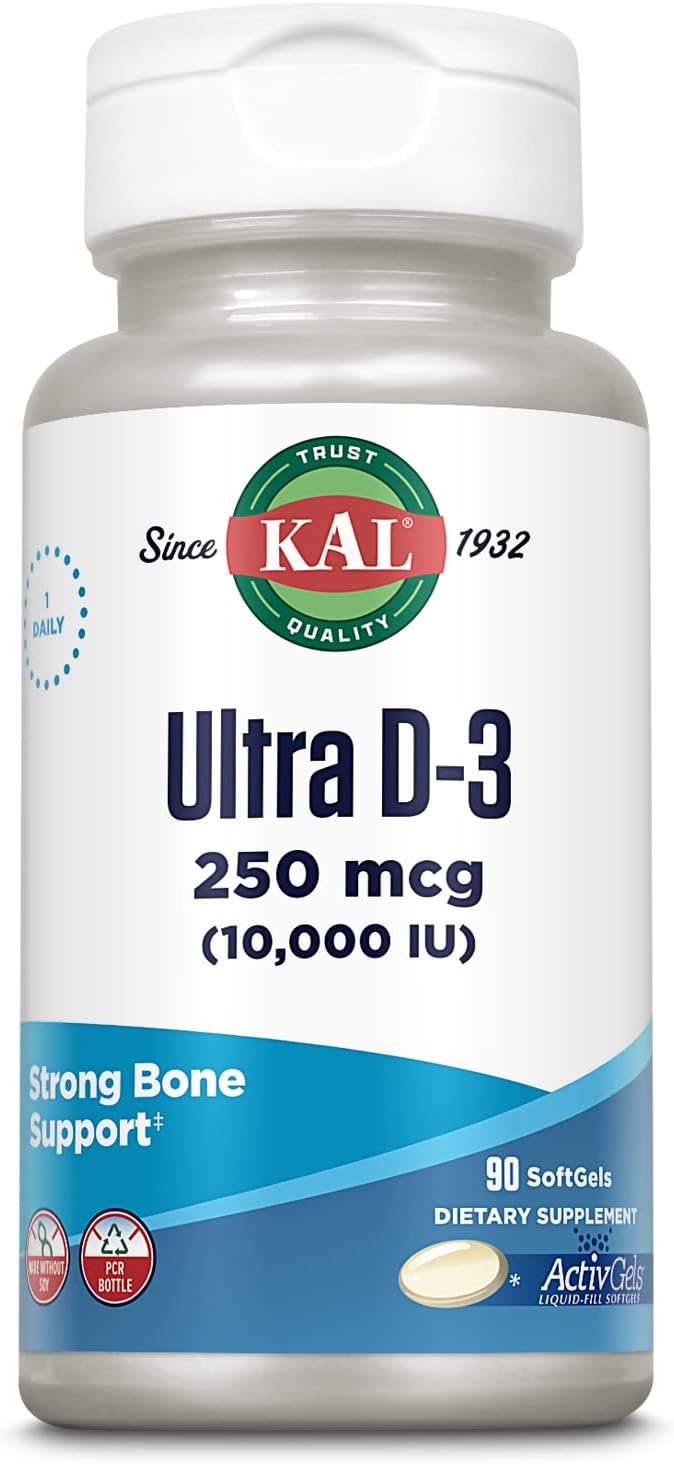 Kal Ultra Vitamin D3 10000 Iu Softgels (250 Mcg), High Potency Vitamin D, Calcium Absorption, Bone Health And Immune Support Supplement, Liquid Filled Activgels, Made Without Soy, 90 Serv, 90 Softgels